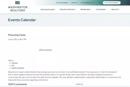 Screenshot of Education Event Calendar | Washington Realtors