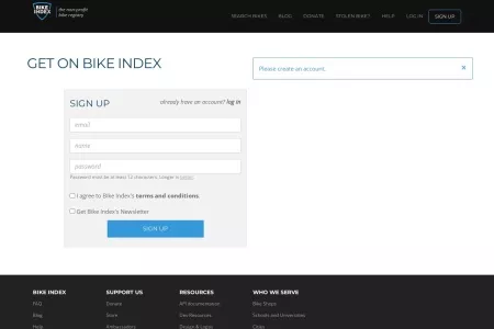 Screenshot of Sign up - Bike Index