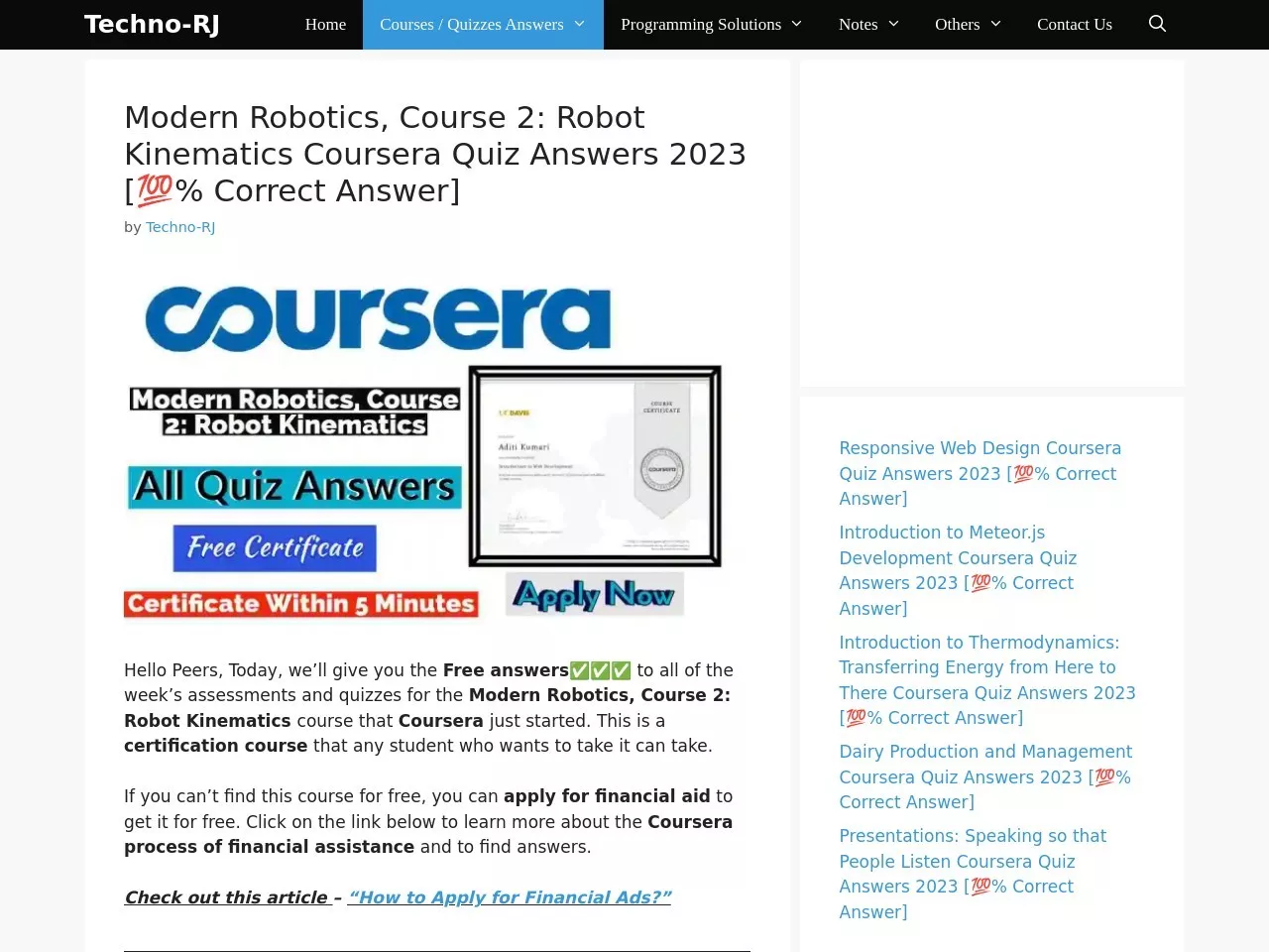 Screenshot of Modern Robotics, Course 2: Robot Kinematics Coursera Quiz Answers 2023 [💯% Correct Answer] - Techno-RJ