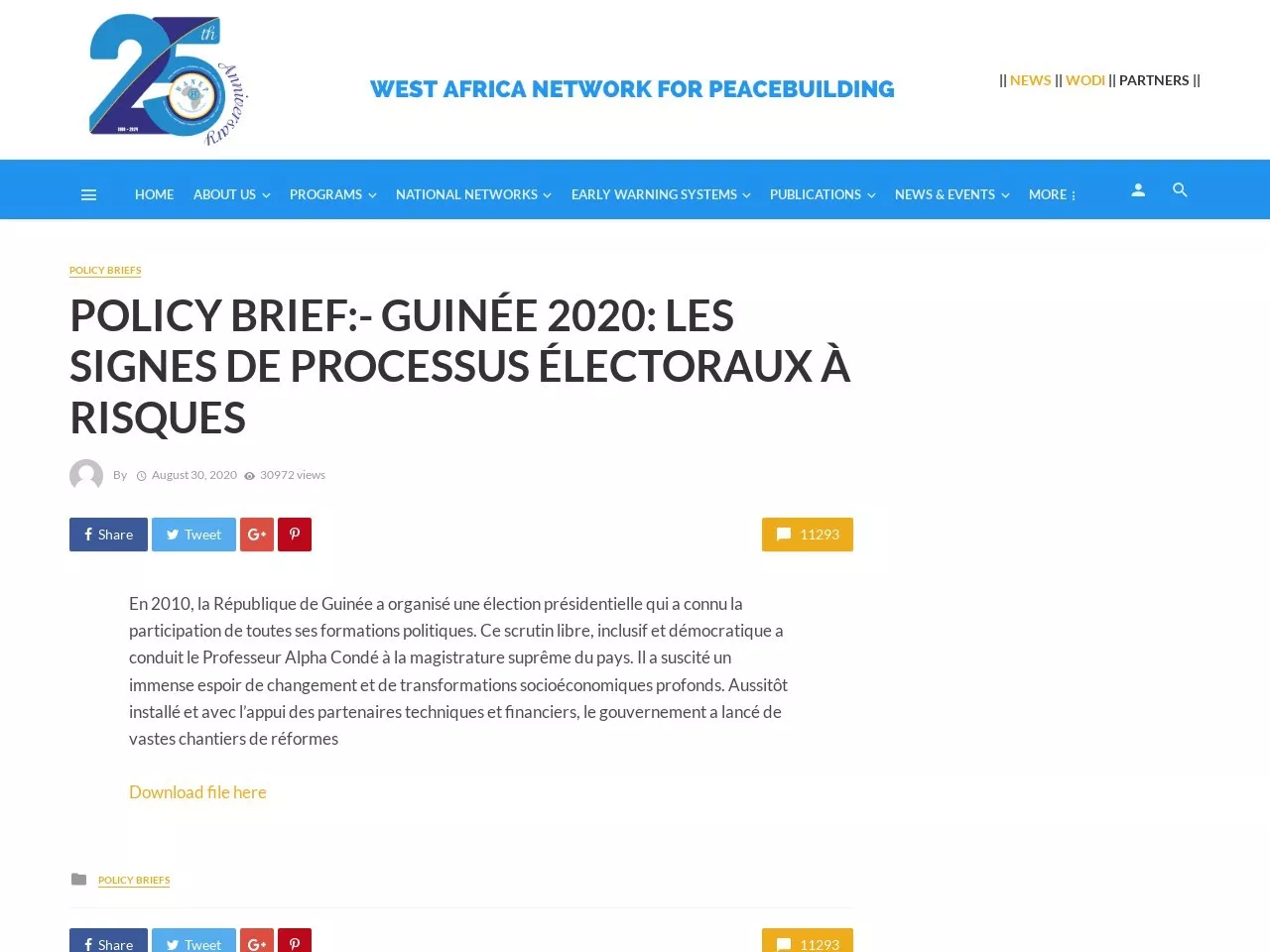 Screenshot of POLICY BRIEF:- GUINÉE 2020: LES SIGNES DE PROCESSUS ÉLECTORAUX À RISQUES – West Africa Network for Peacebuilding (WANEP)