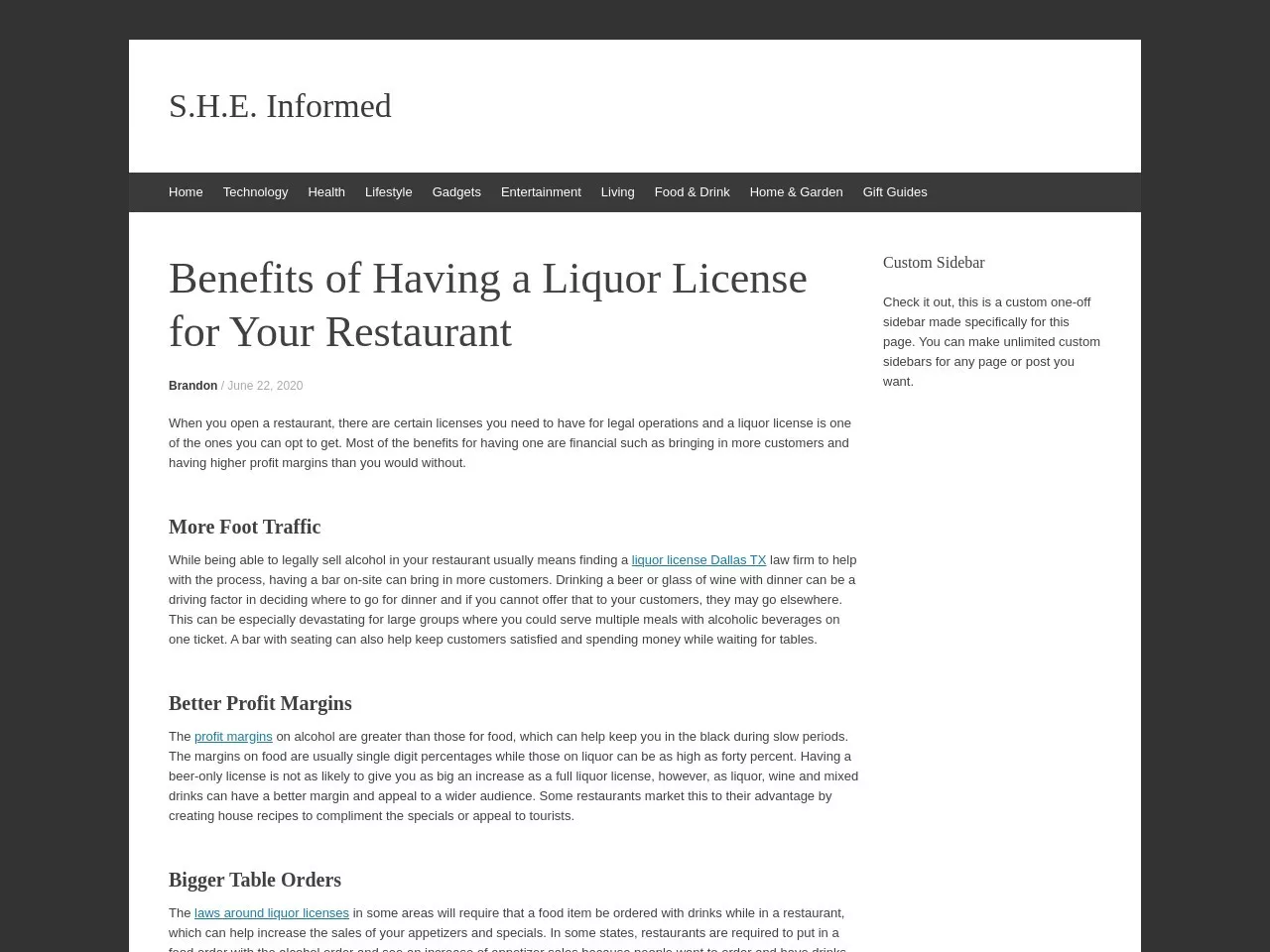 Screenshot of Benefits of Having a Liquor License for Your Restaurant - S.H.E. Informed