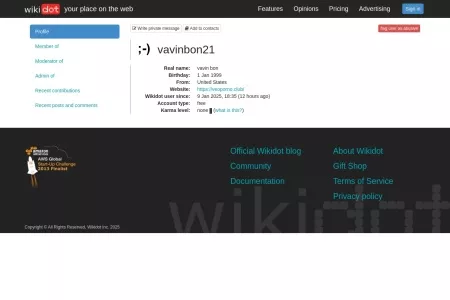 Screenshot of Wikidot.com: vavinbon21