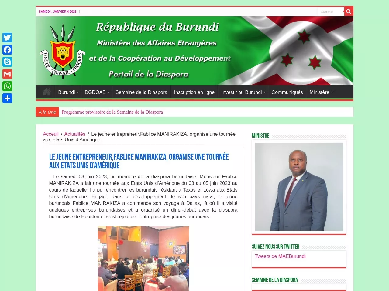 Screenshot of Le jeune entrepreneur,Fablice MANIRAKIZA, organise une tournée aux Etats Unis d’Amérique - Portail de la Diaspora