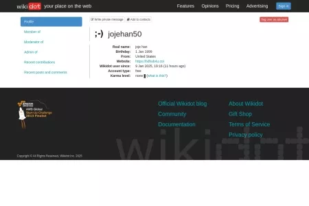 Screenshot of Wikidot.com: jojehan50