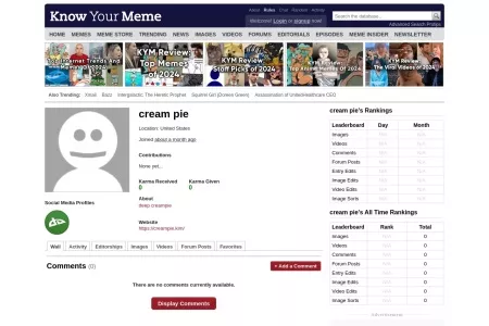 Screenshot of cream pie's Profile - Wall | Know Your Meme