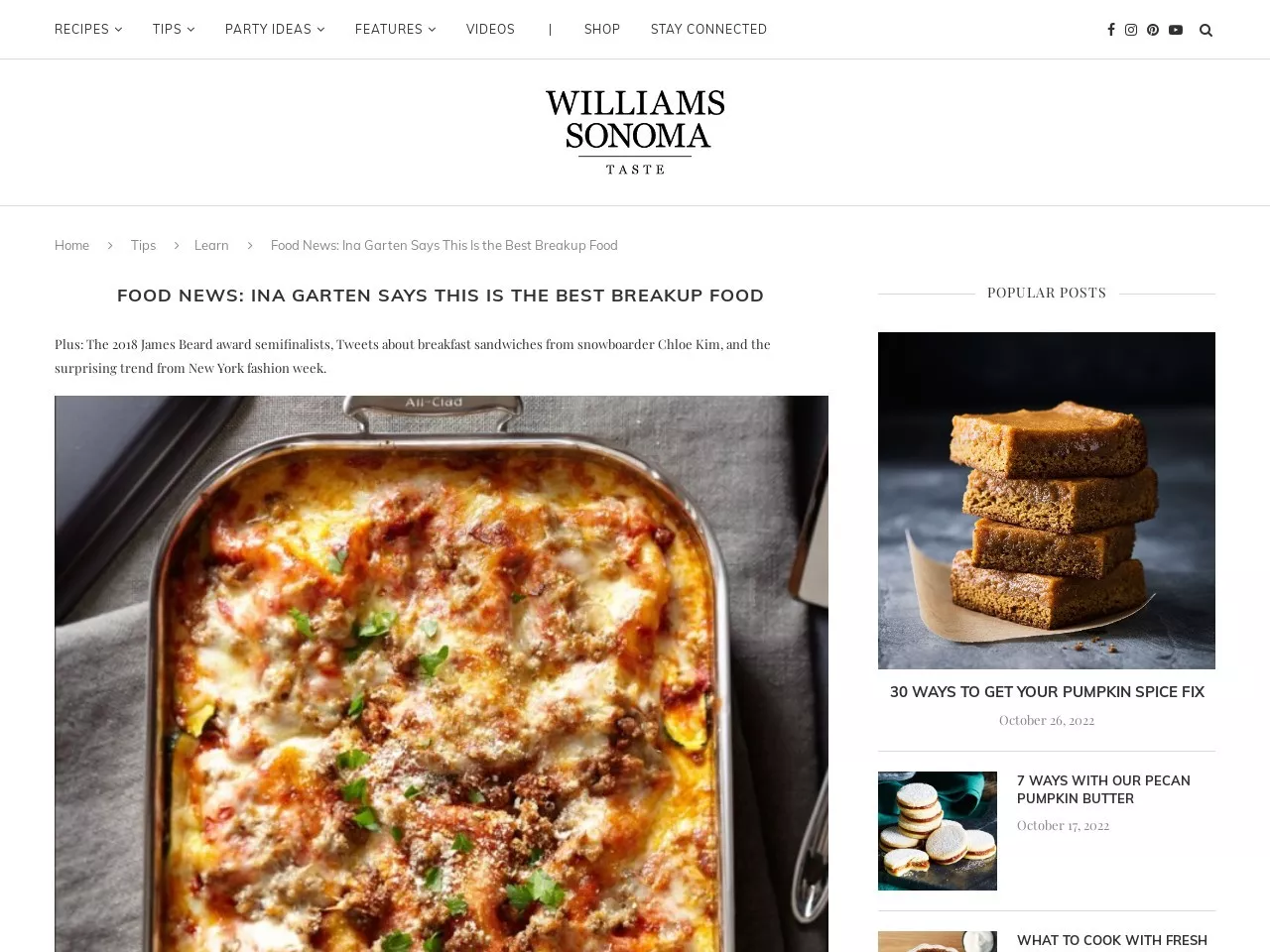 Screenshot of Food News: Ina Garten Says This Is the Best Breakup Food - Williams-Sonoma Taste